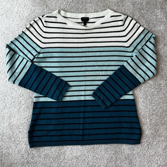 Talbots Sweaters - Talbots Striped 100%Cashmere Crewneck Sweater in White, Light Blue, Teal